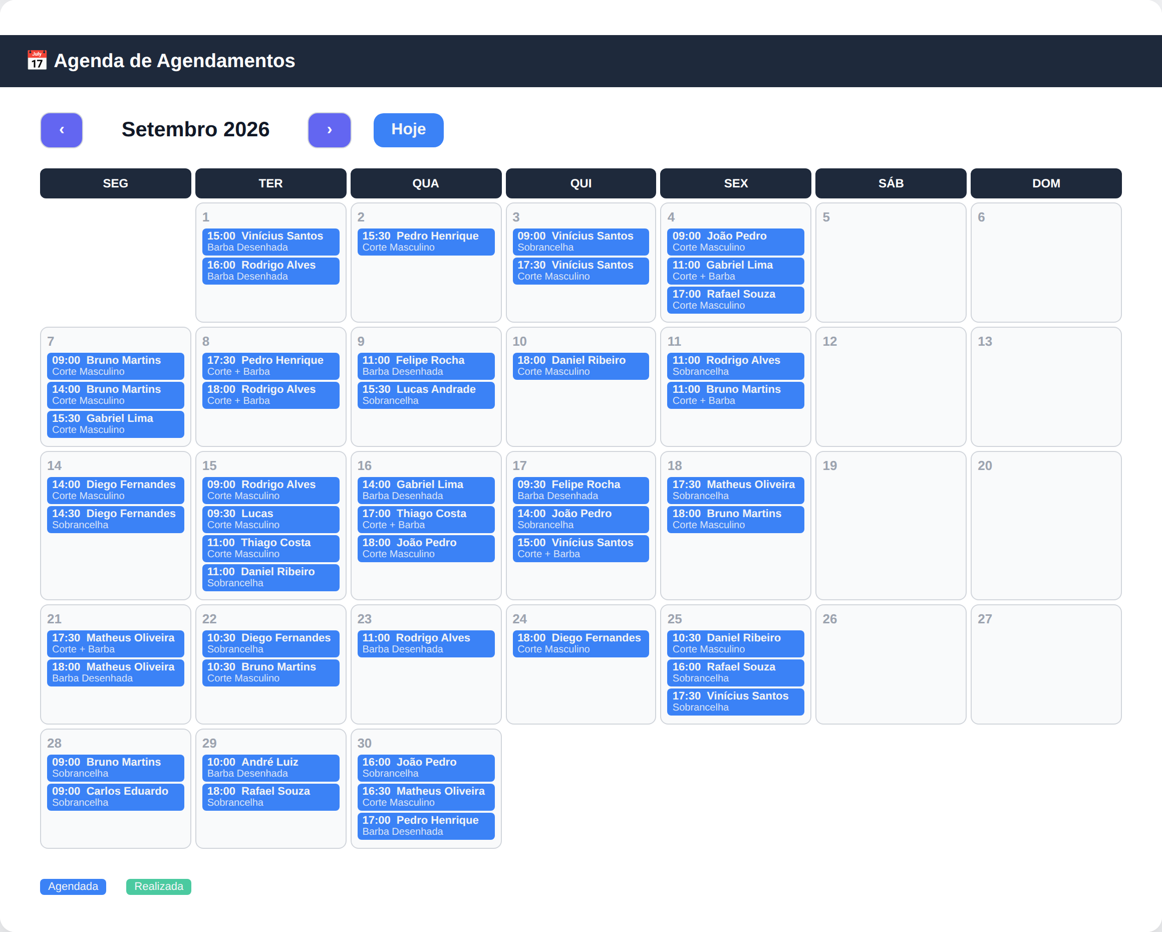 Calendário mensal com todos os agendamentos confirmados, do Precifex Agendamento