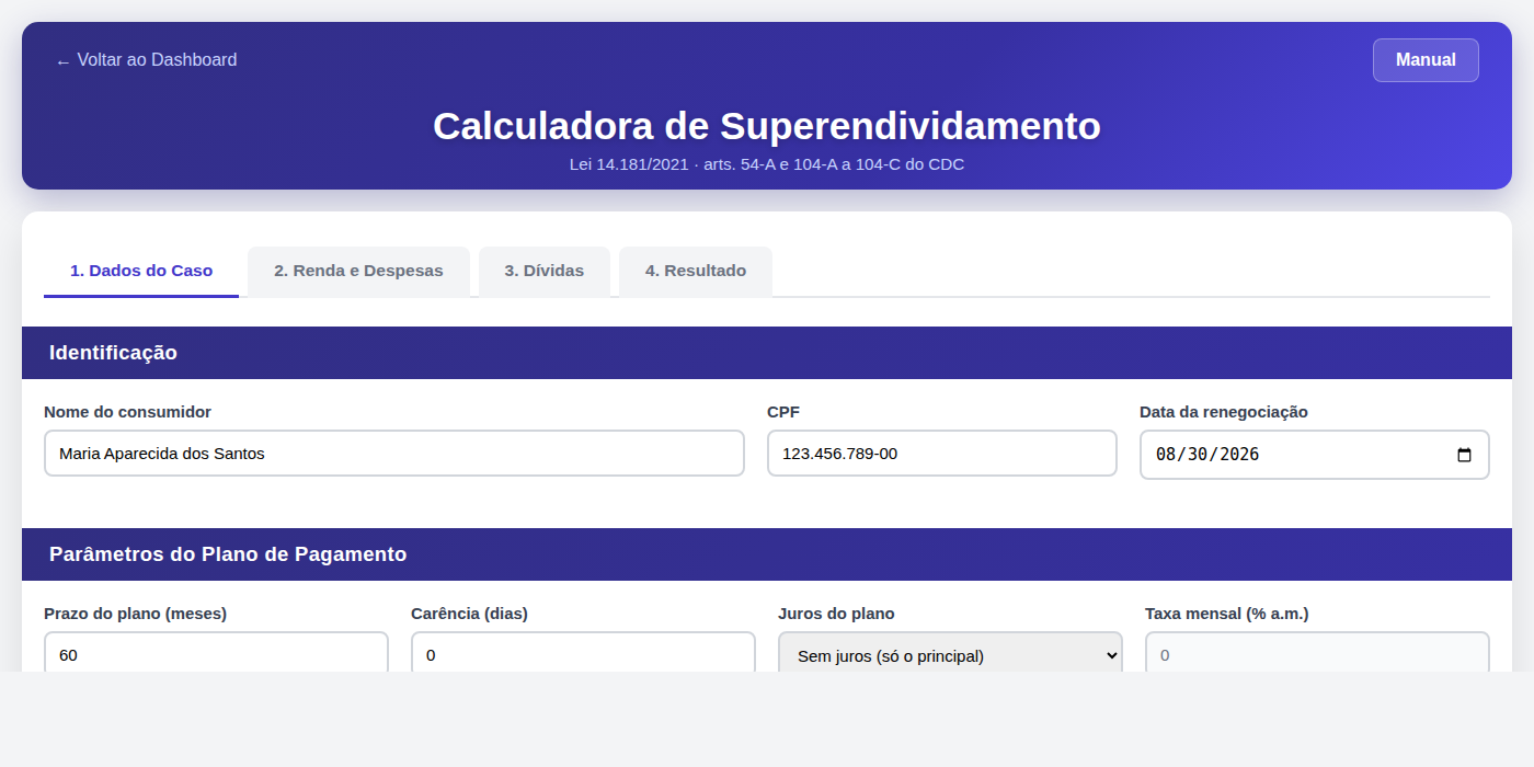 Aba de dados do caso e parâmetros do plano