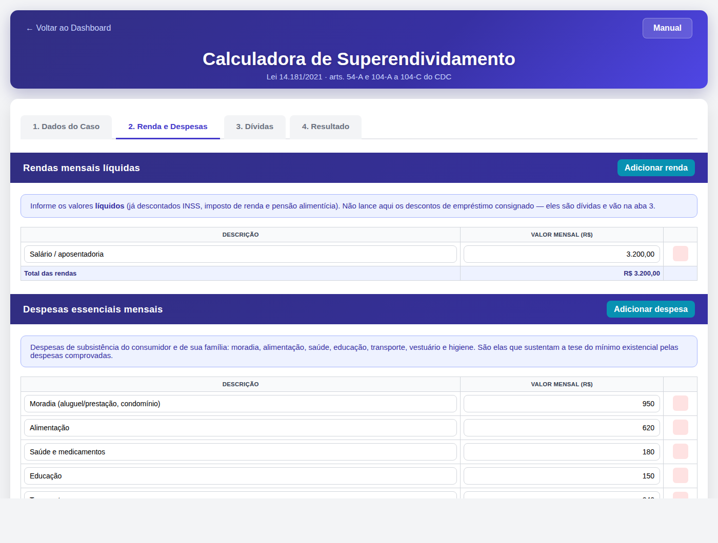 Aba de rendas e despesas essenciais
